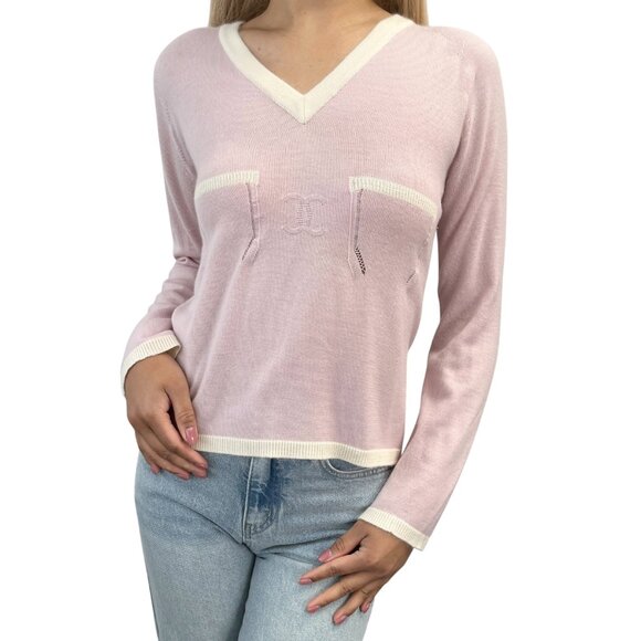 CHANEL Vintage 04C CC Logo Knit Sweater Top #38 Pocket Pink Cream [106039] - Picture 1 of 11